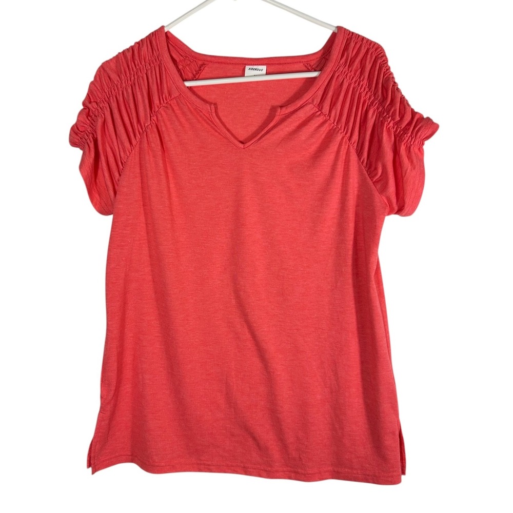 XIEERDUO Womens Medium Coral Pink Ruched Notched V-Neck Short Sleeve Top